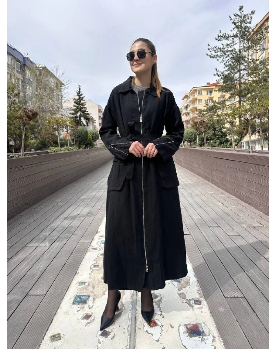 Misswhence 37509 Siyah Arkası Fermuar Detaylı Keten Kap