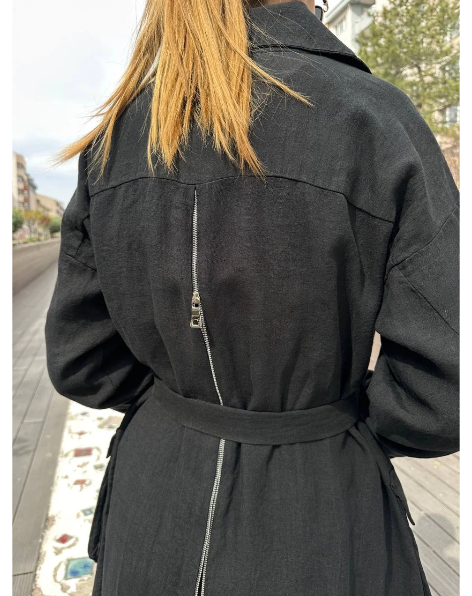 Misswhence 37509 Siyah Arkası Fermuar Detaylı Keten Kap