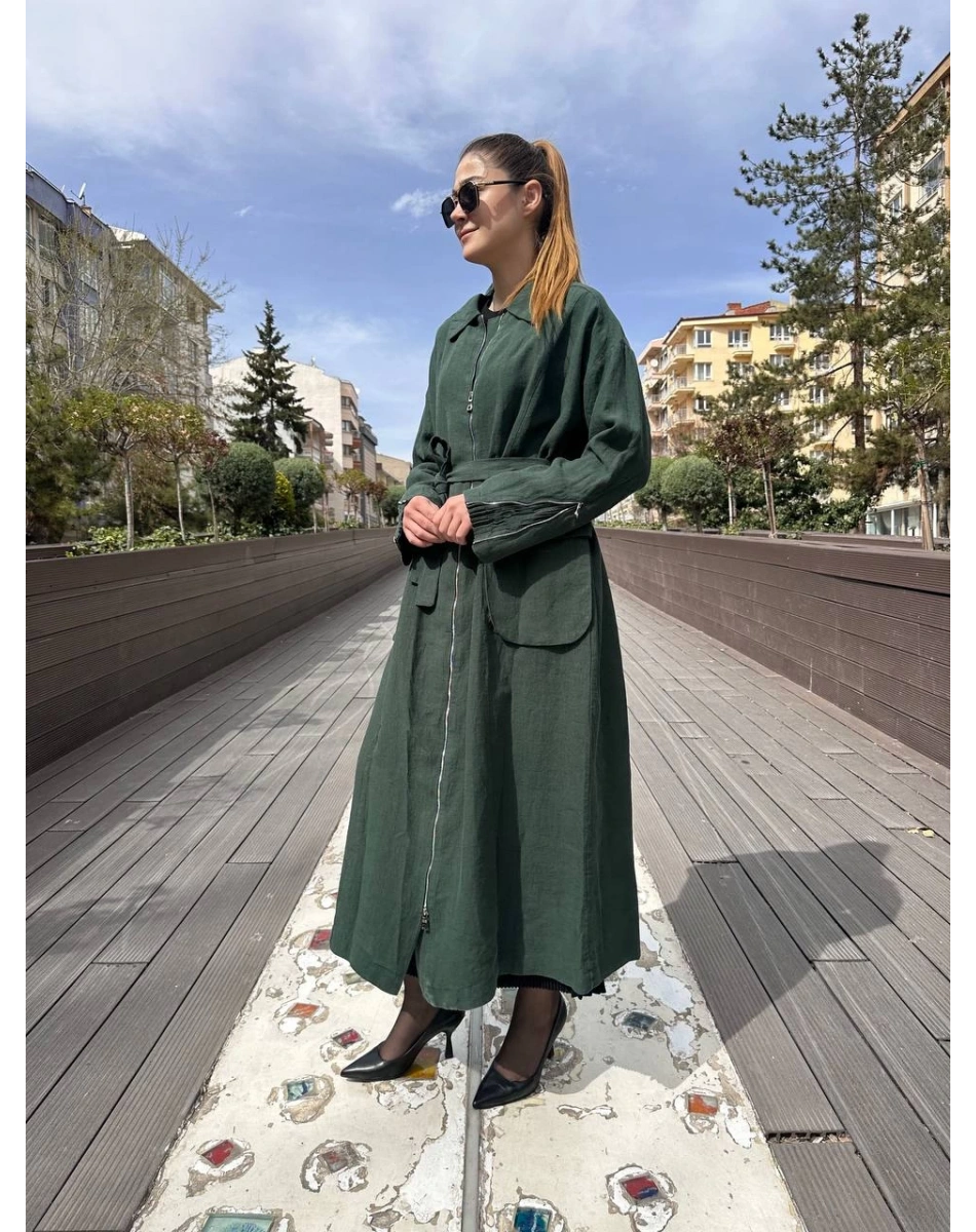 Misswhence 37509 Yeşil Arkası Fermuar Detaylı Keten Kap