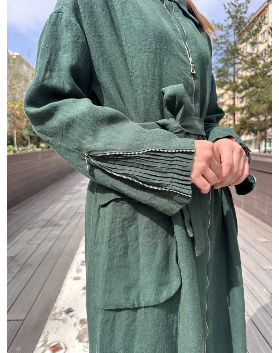 Misswhence 37509 Yeşil Arkası Fermuar Detaylı Keten Kap