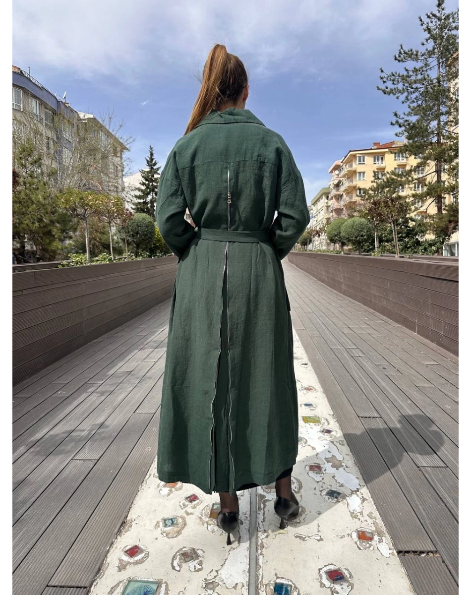 Misswhence 37509 Yeşil Arkası Fermuar Detaylı Keten Kap