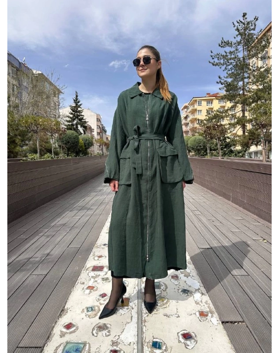 Misswhence 37509 Yeşil Arkası Fermuar Detaylı Keten Kap