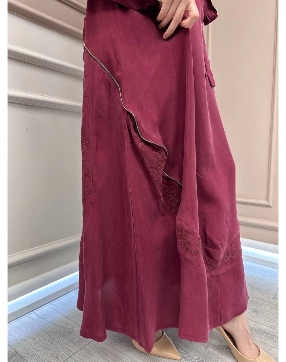 Misswhence 37800 Açık Bordo Fermuarlı İşlemeli Elbise