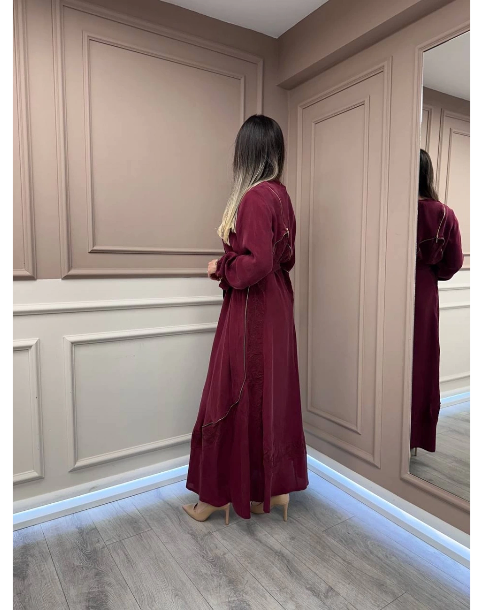 Misswhence 37800 Açık Bordo Fermuarlı İşlemeli Elbise