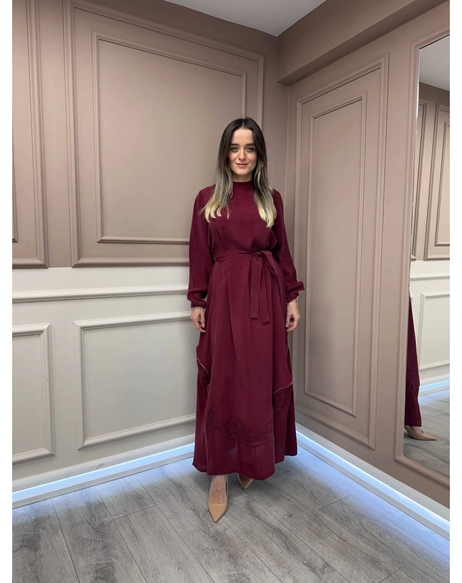 Misswhence 37800 Açık Bordo Fermuarlı İşlemeli Elbise