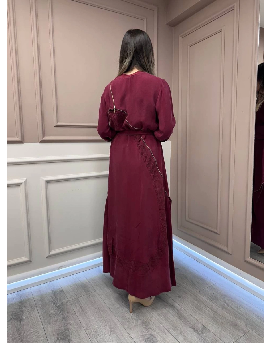 Misswhence 37800 Açık Bordo Fermuarlı İşlemeli Elbise