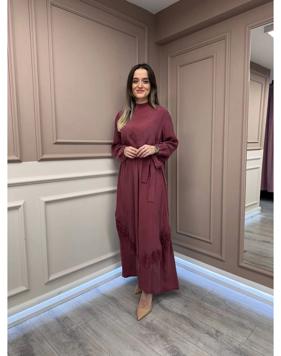 Misswhence 37800 Gül Kurusu Fermuarlı İşlemeli Elbise