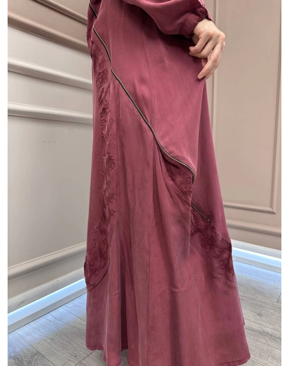 Misswhence 37800 Gül Kurusu Fermuarlı İşlemeli Elbise