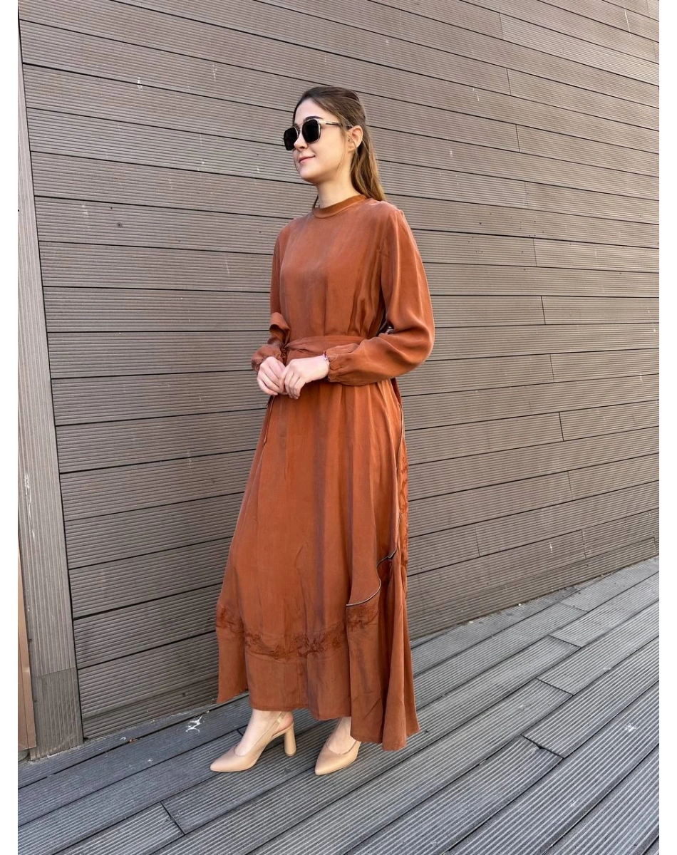 Misswhence 37800 Hardal Fermuarlı İşlemeli Elbise