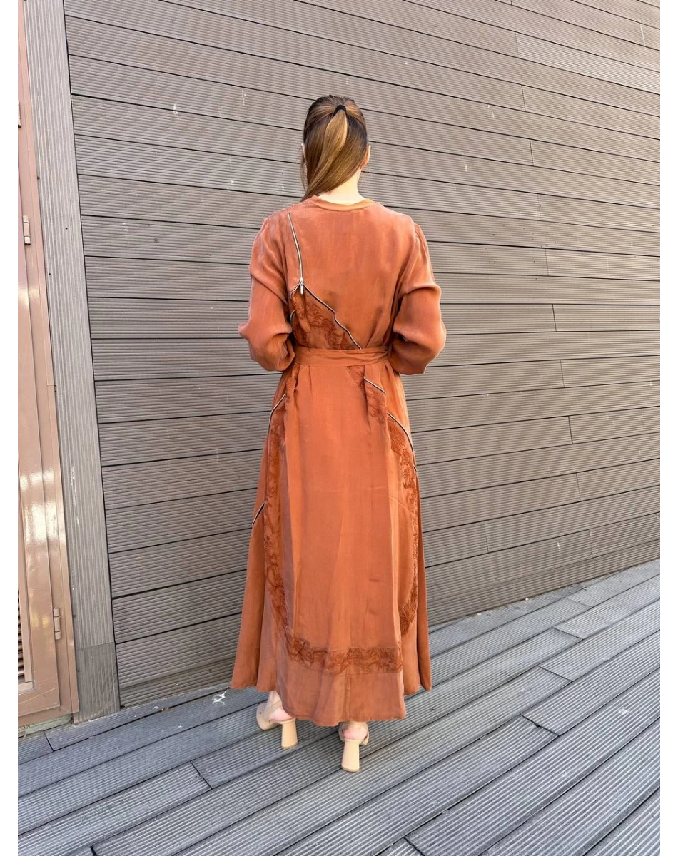 Misswhence 37800 Hardal Fermuarlı İşlemeli Elbise