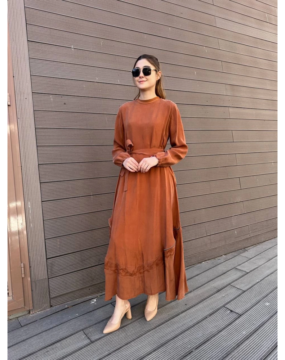 Misswhence 37800 Hardal Fermuarlı İşlemeli Elbise