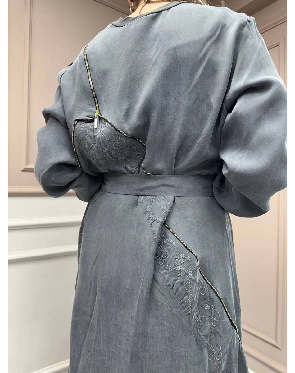 Misswhence 37800 Koyu Gri Fermuarlı İşlemeli Elbise