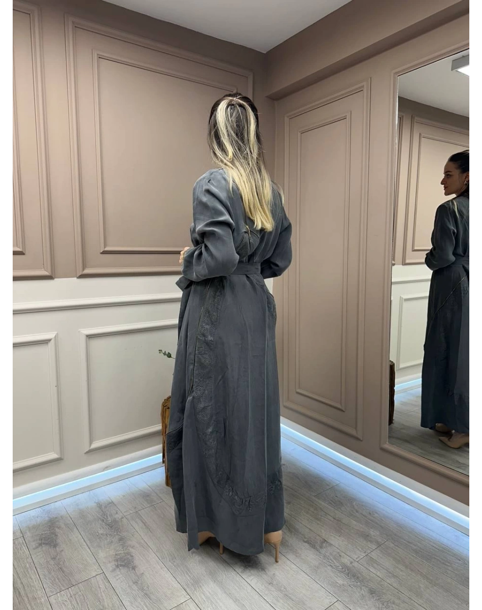 Misswhence 37800 Koyu Gri Fermuarlı İşlemeli Elbise