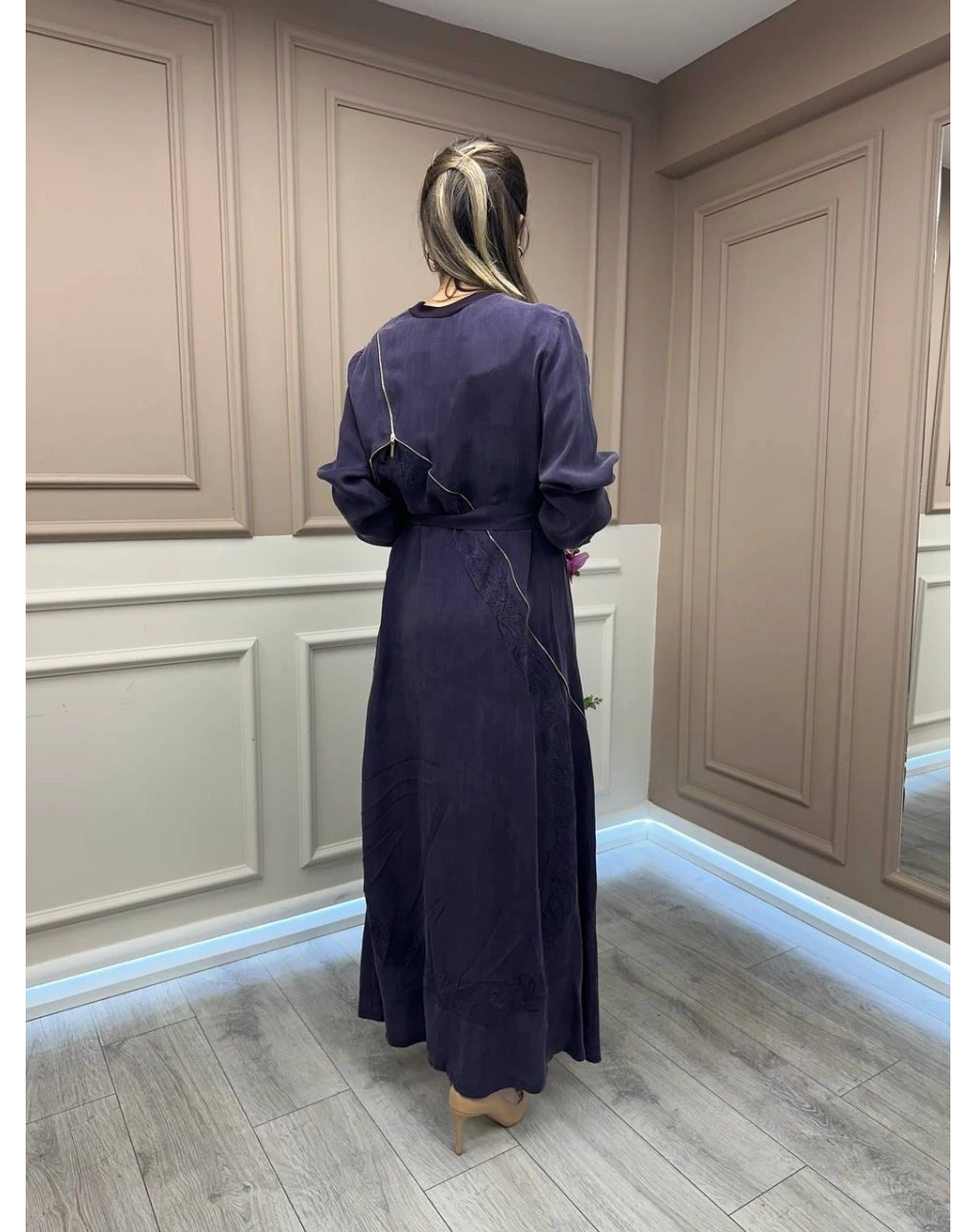 Misswhence 37800 Mor Fermuarlı İşlemeli Elbise