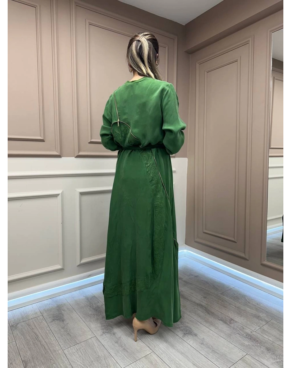 Misswhence 37800 Yeşil Fermuarlı İşlemeli Elbise
