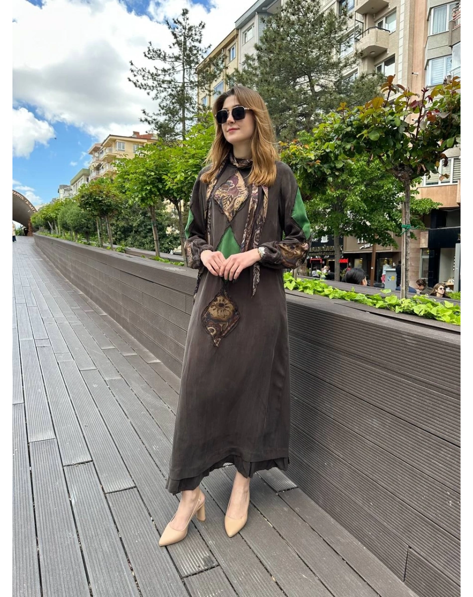 Misswhence 37803 Kahverengi Patchwork Elbise