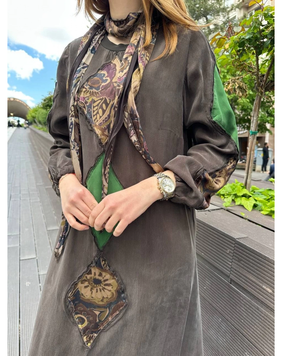 Misswhence 37803 Kahverengi Patchwork Elbise