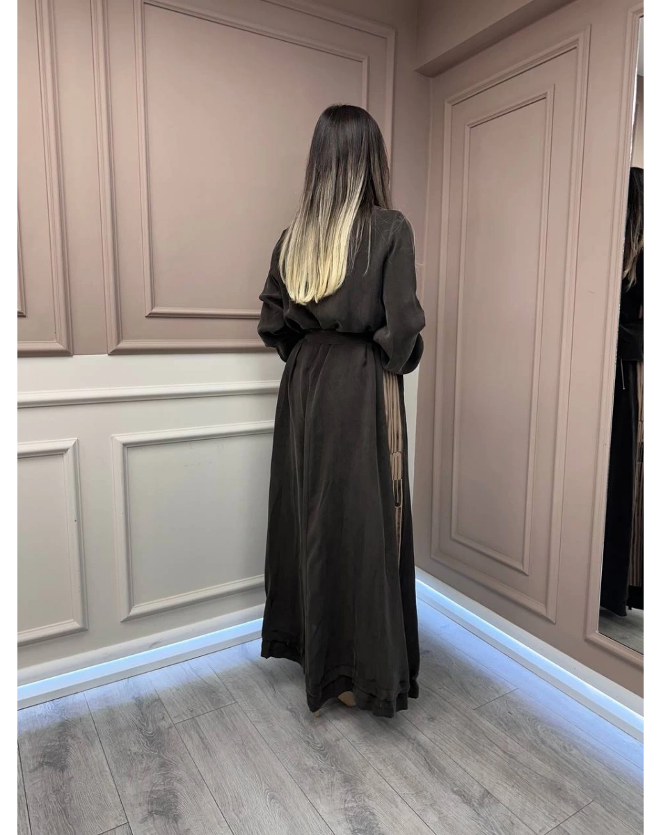 Misswhence 37829 Kahverengi Yanı Detaylı İpek Elbise