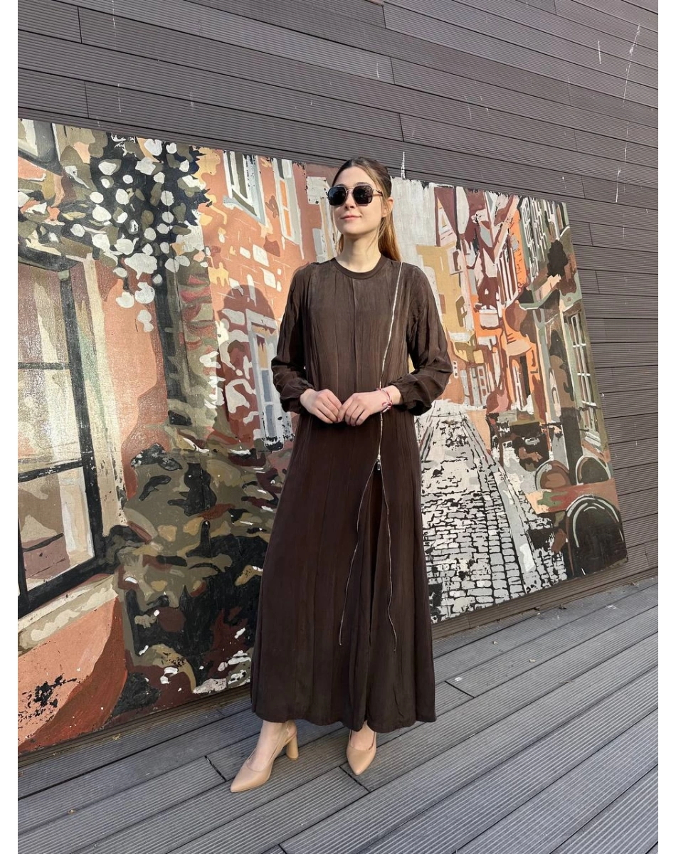 Misswhence 37830 Kahverengi Fermuarlı Elbise
