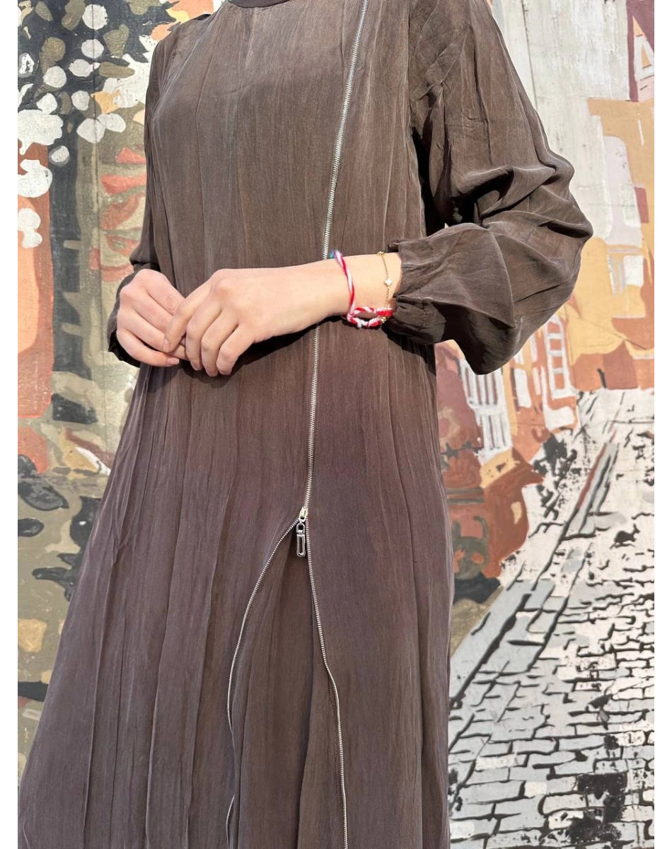 Misswhence 37830 Kahverengi Fermuarlı Elbise