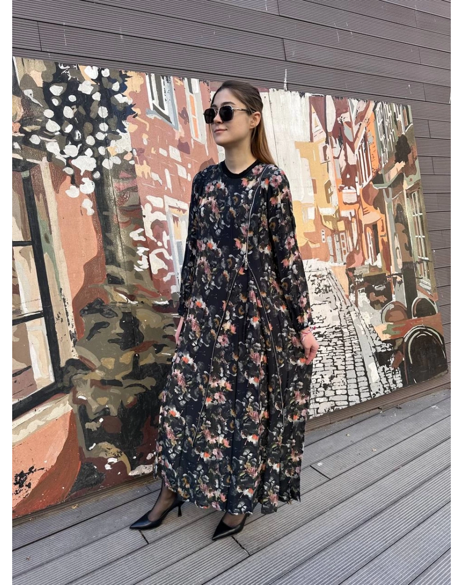 Misswhence 37830 Siyah Baskılı Fermuarlı Elbise