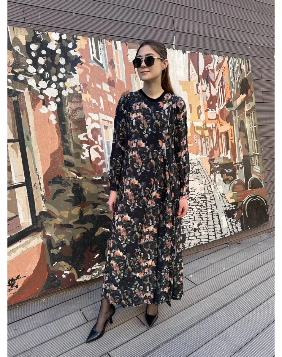 Misswhence 37830 Siyah Baskılı Fermuarlı Elbise