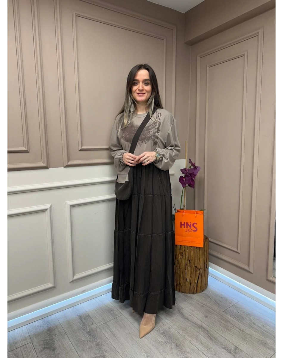 Misswhence 37834 Kahverengi Baskı Detaylı Elbise