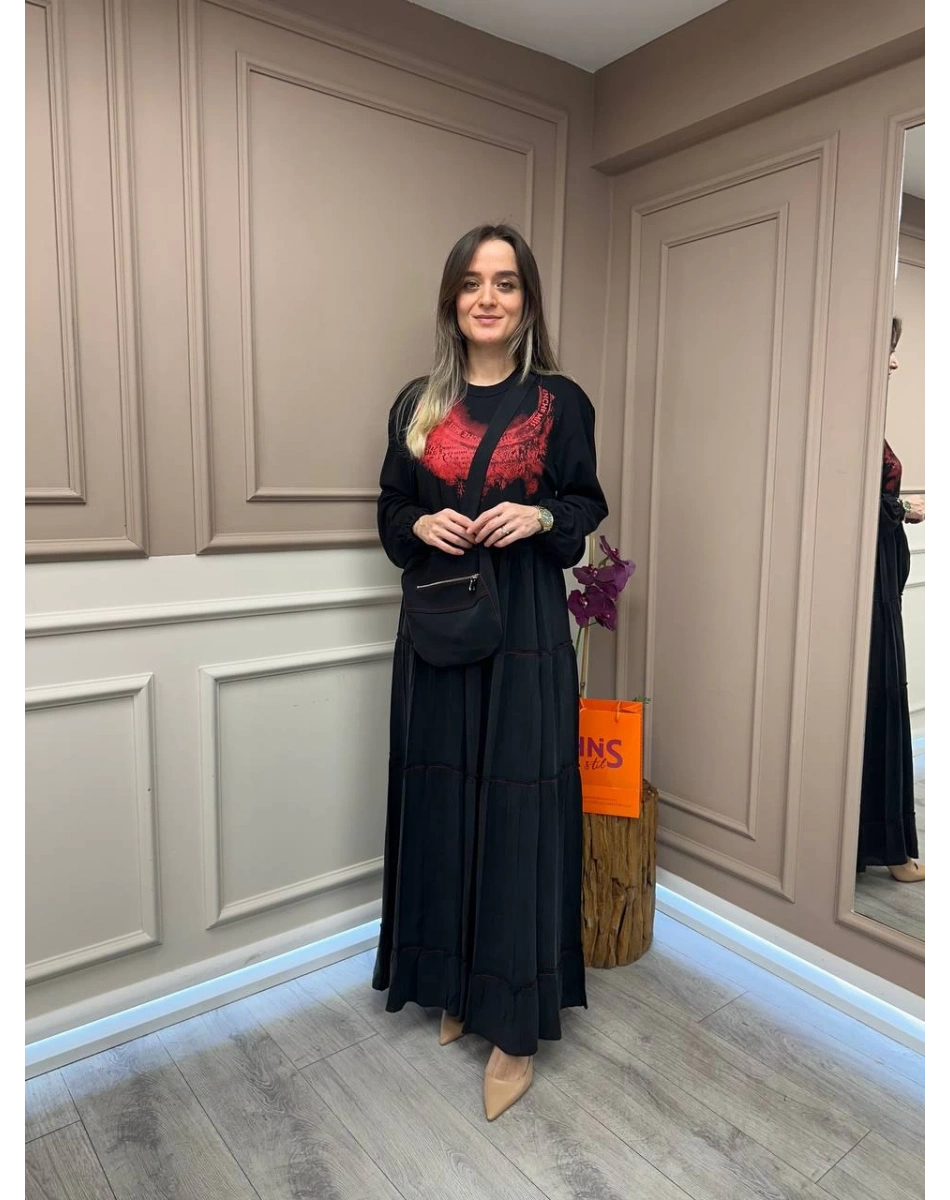 Misswhence 37834 Siyah Baskı Detaylı Elbise