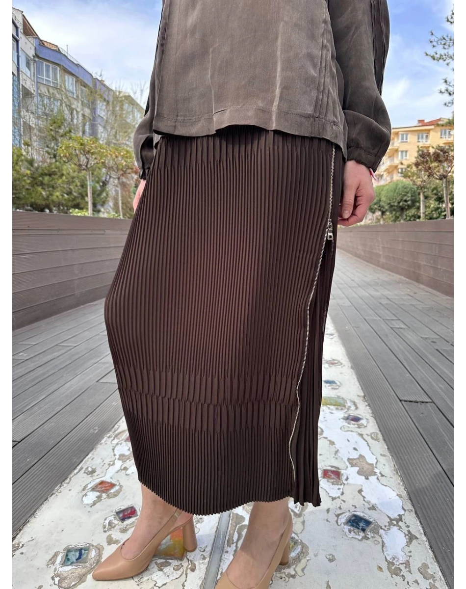 Misswhence 37921 Kahverengi Fermuarlı Etek