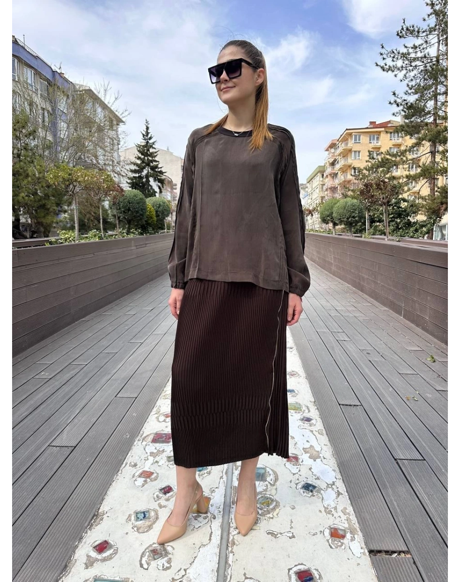 Misswhence 37921 Kahverengi Fermuarlı Etek