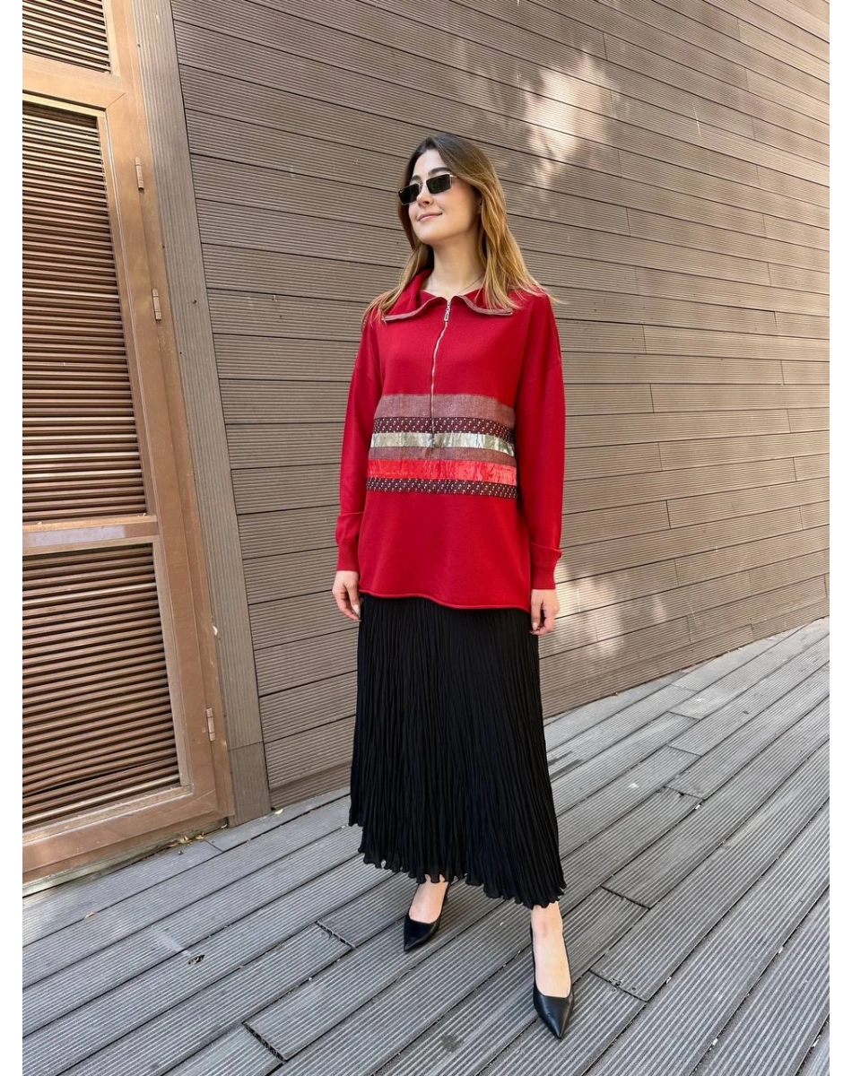 Misswhence 38001 Kırmızı Triko Patchwork Tunik