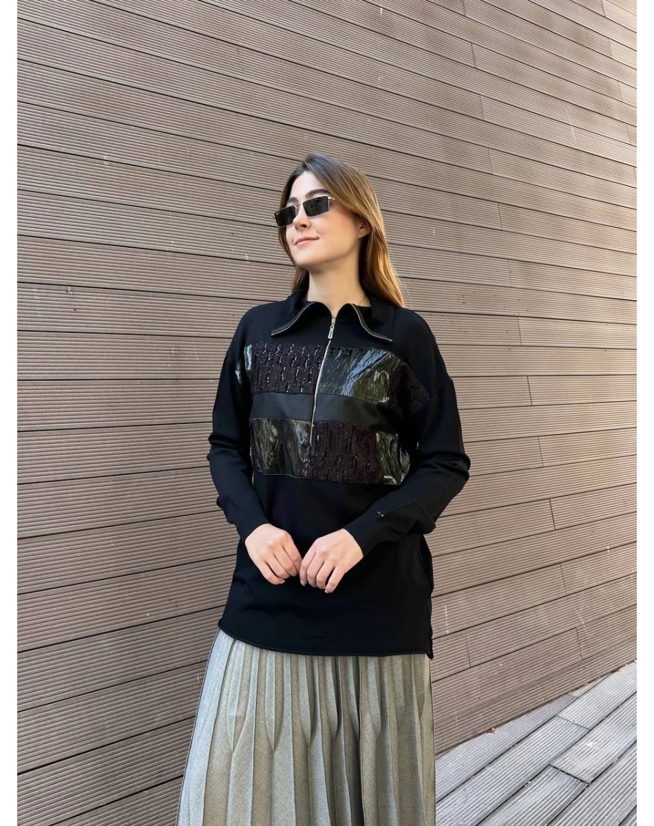Misswhence 38001 Siyah Triko Patchwork Tunik