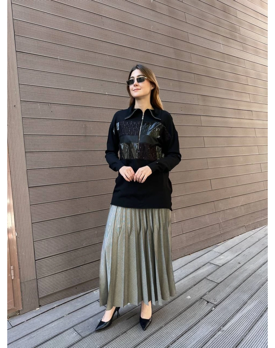 Misswhence 38001 Siyah Triko Patchwork Tunik