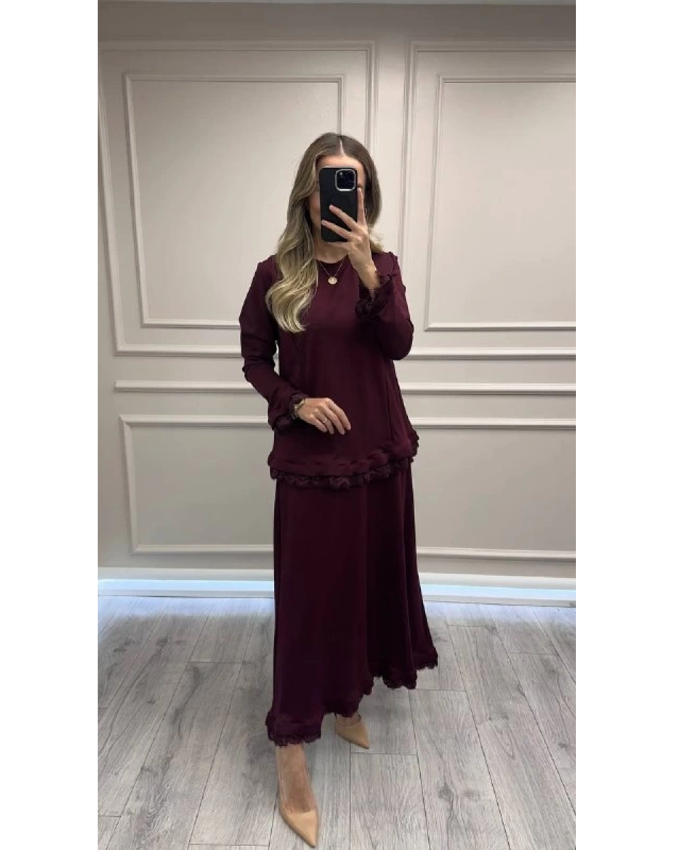 Misswhence 38004 Bordo Güpür Detaylı Etekli Takım