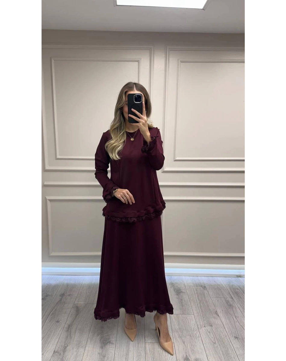 Misswhence 38004 Bordo Güpür Detaylı Etekli Takım