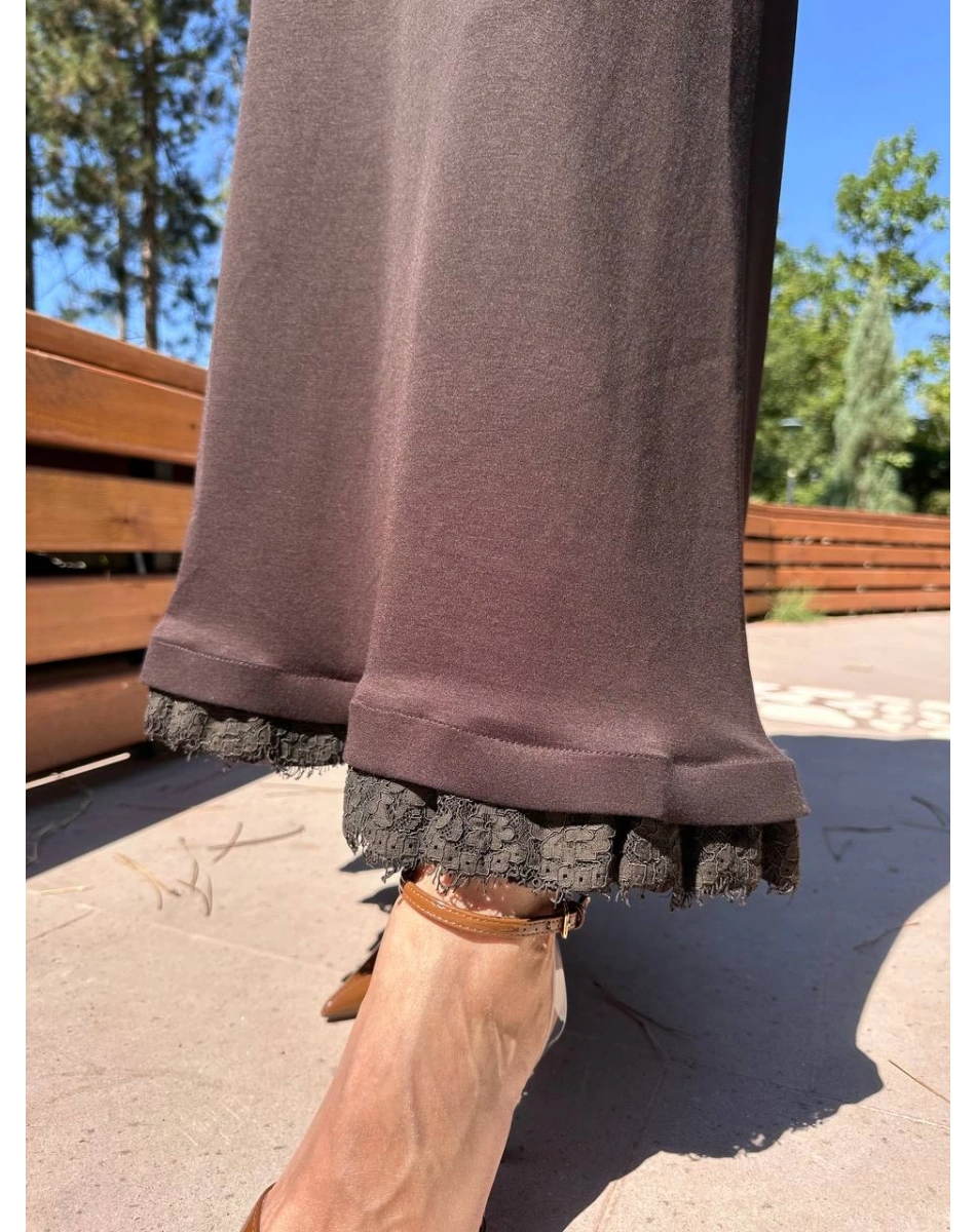 Misswhence 38004 Kahverengi Güpür Detaylı Etekli Takım