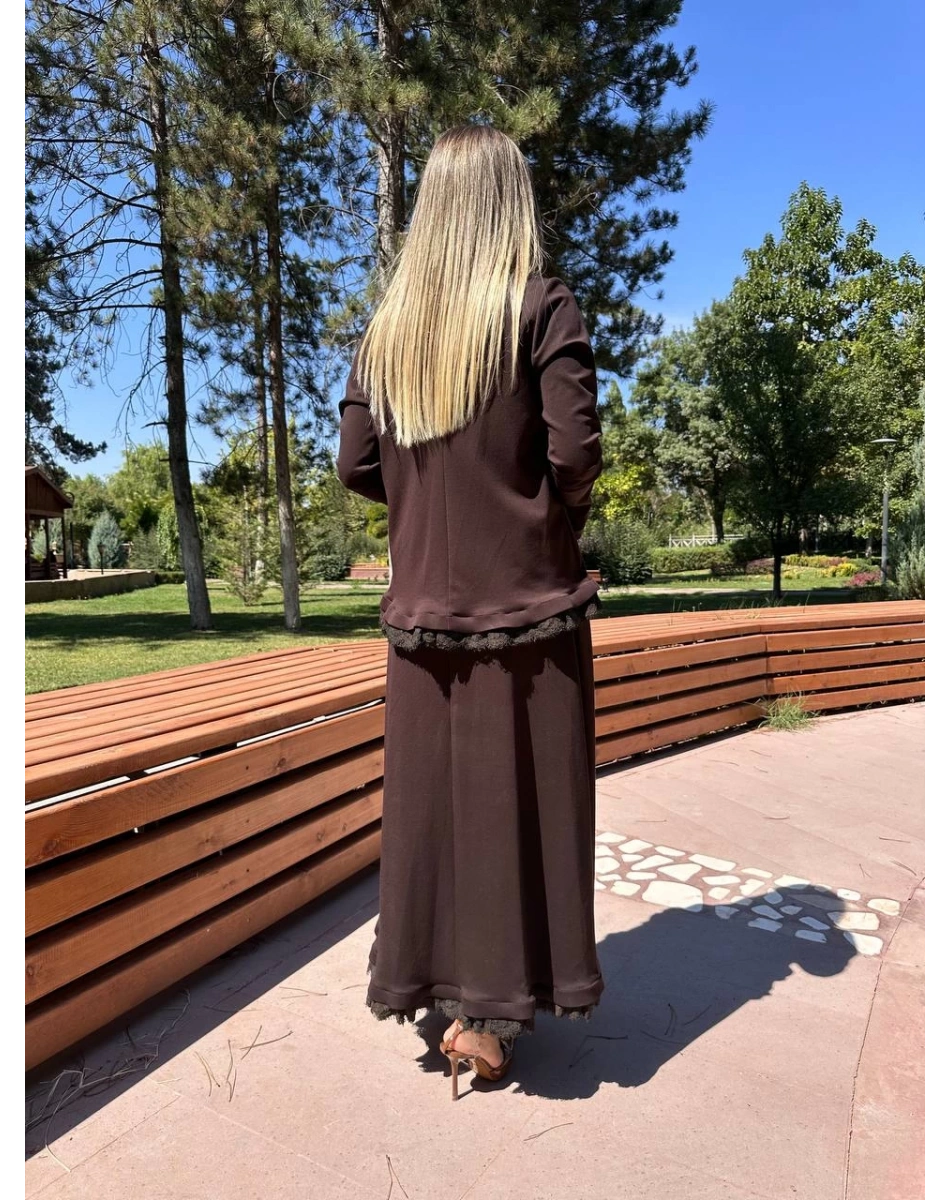 Misswhence 38004 Kahverengi Güpür Detaylı Etekli Takım