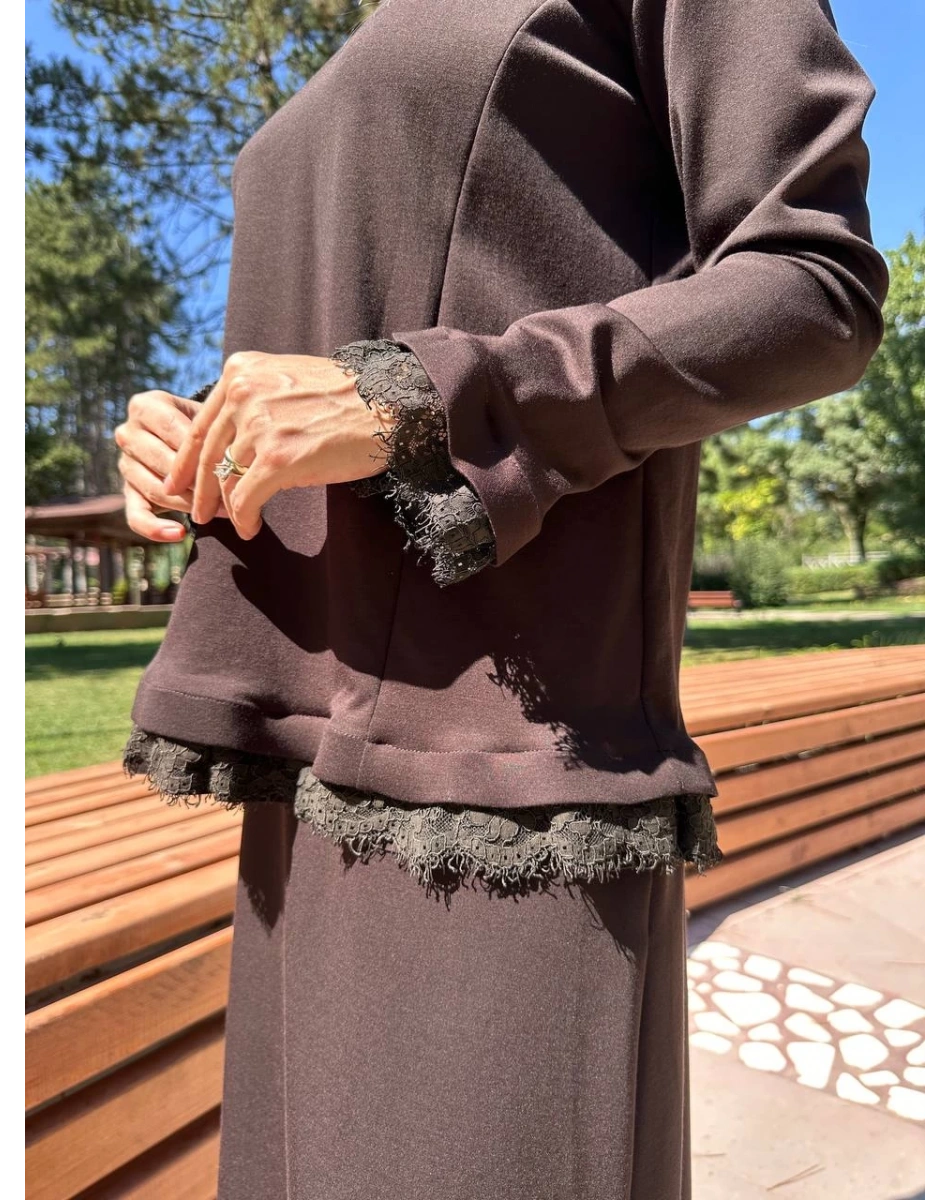 Misswhence 38004 Kahverengi Güpür Detaylı Etekli Takım