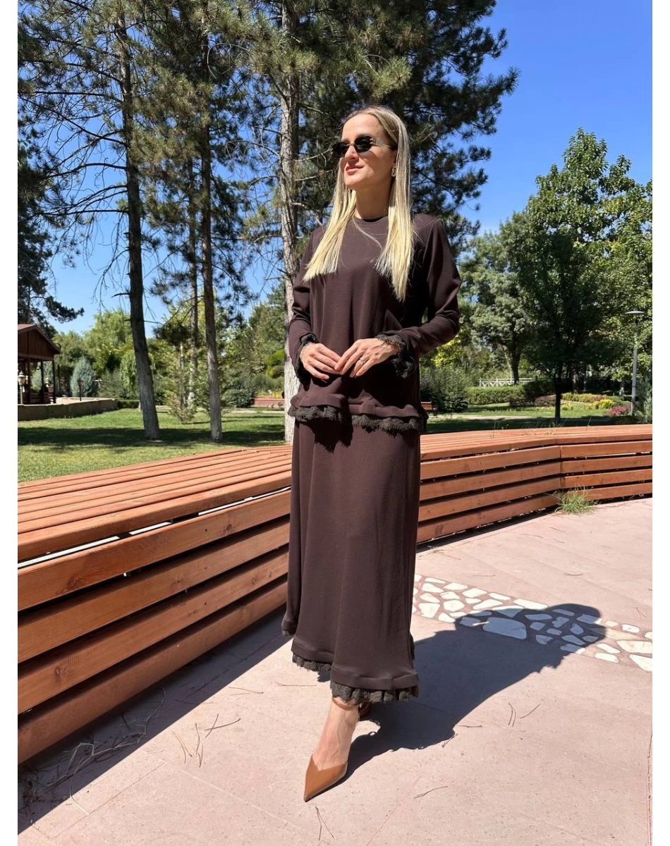 Misswhence 38004 Kahverengi Güpür Detaylı Etekli Takım