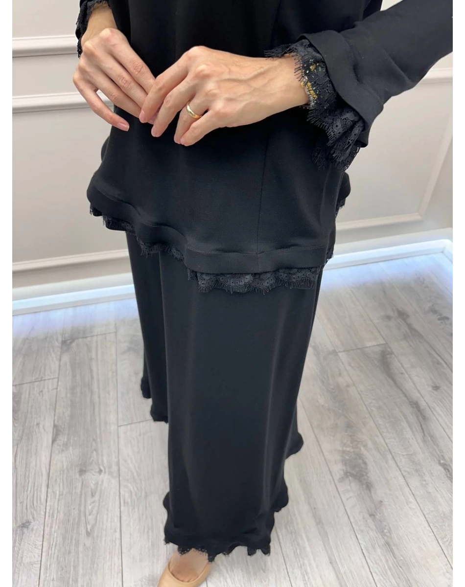 Misswhence 38004 Siyah Güpür Detaylı Etekli Takım