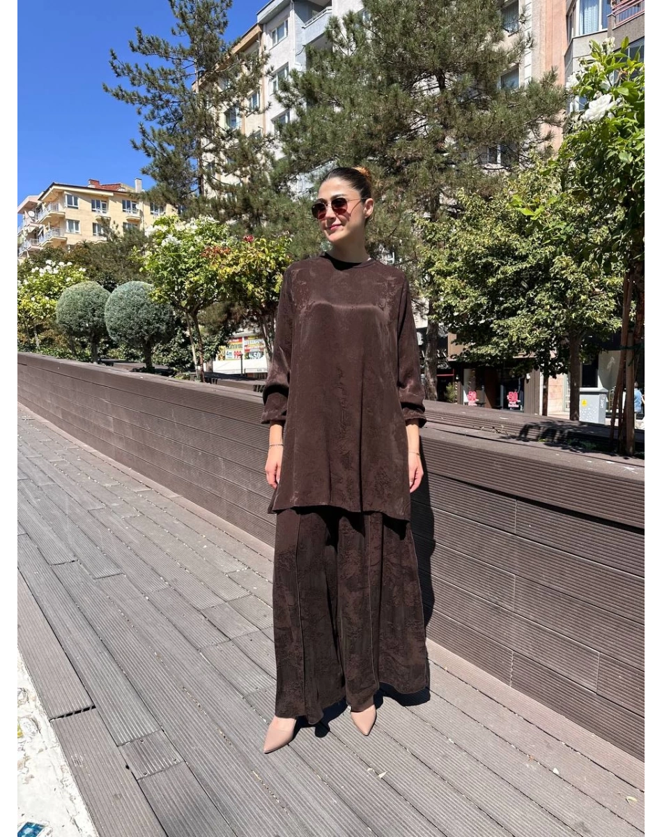 Misswhence 38010 Kahverengi Cupro Jakar Tunik Takım