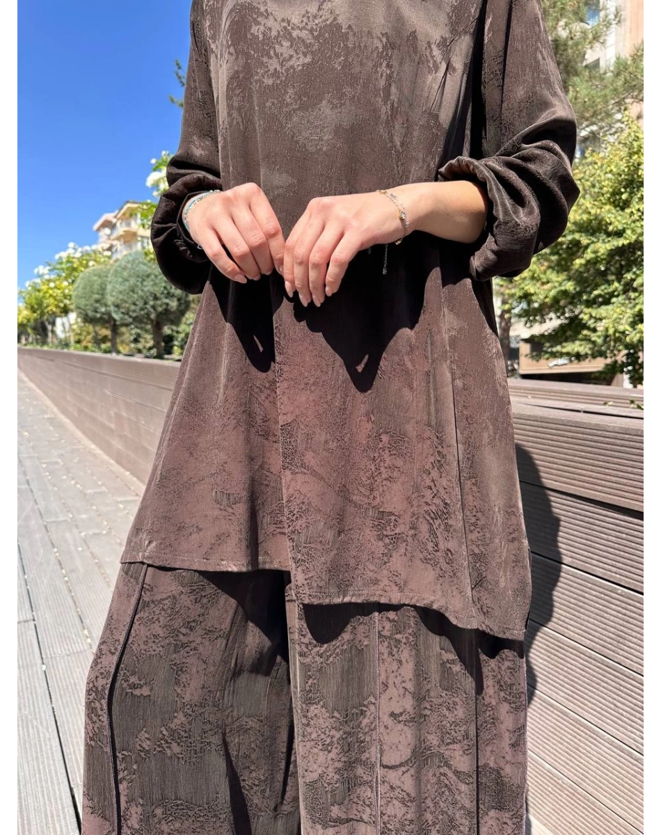 Misswhence 38010 Kahverengi Cupro Jakar Tunik Takım