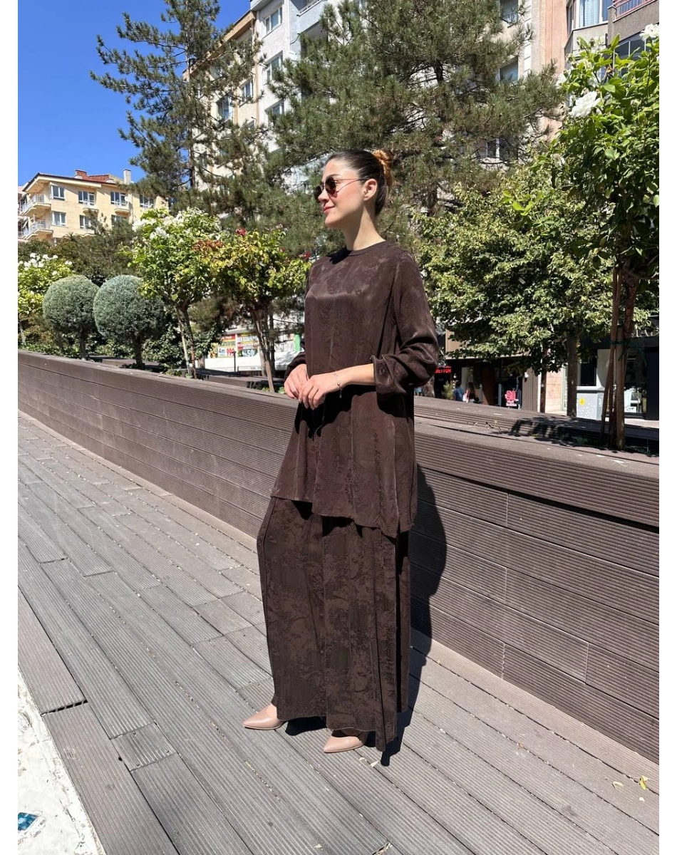 Misswhence 38010 Kahverengi Cupro Jakar Tunik Takım