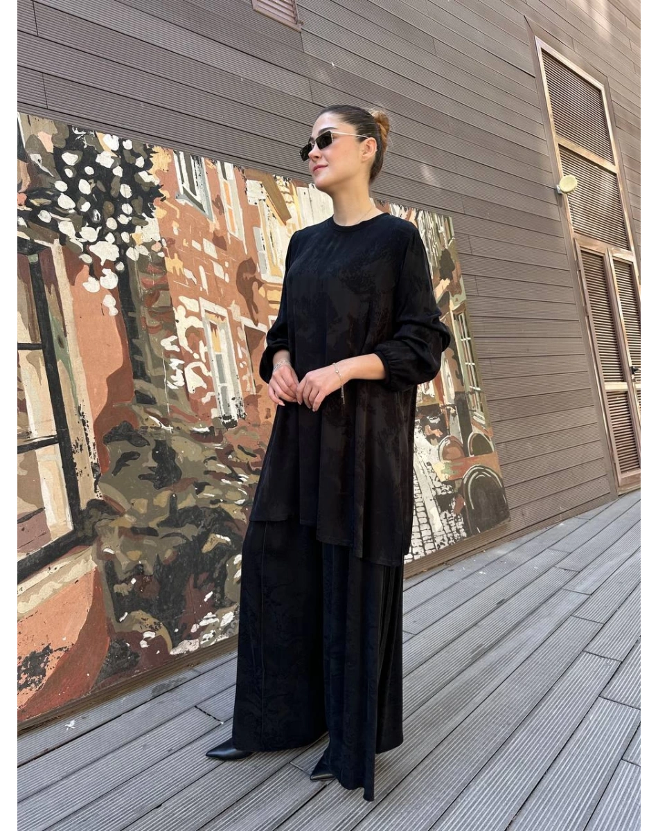 Misswhence 38010 Siyah Cupro Jakar Tunik Takım