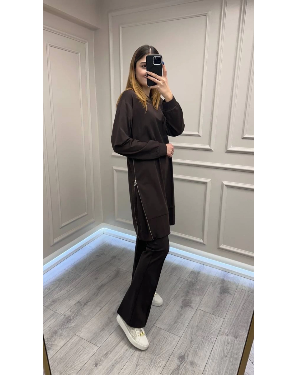 Misswhence 38020 Kahve Yanları Fermuar Detaylı Tunik