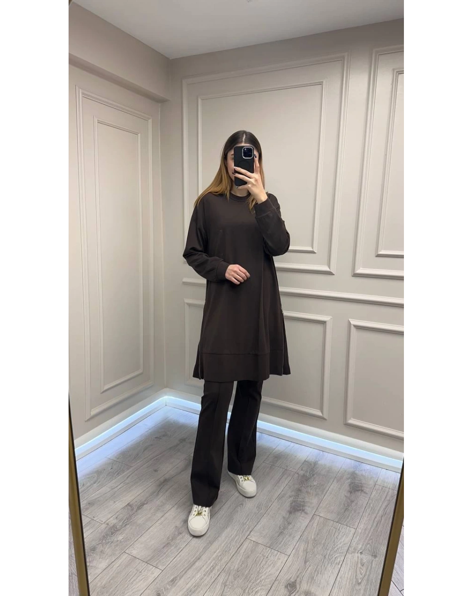 Misswhence 38020 Kahve Yanları Fermuar Detaylı Tunik