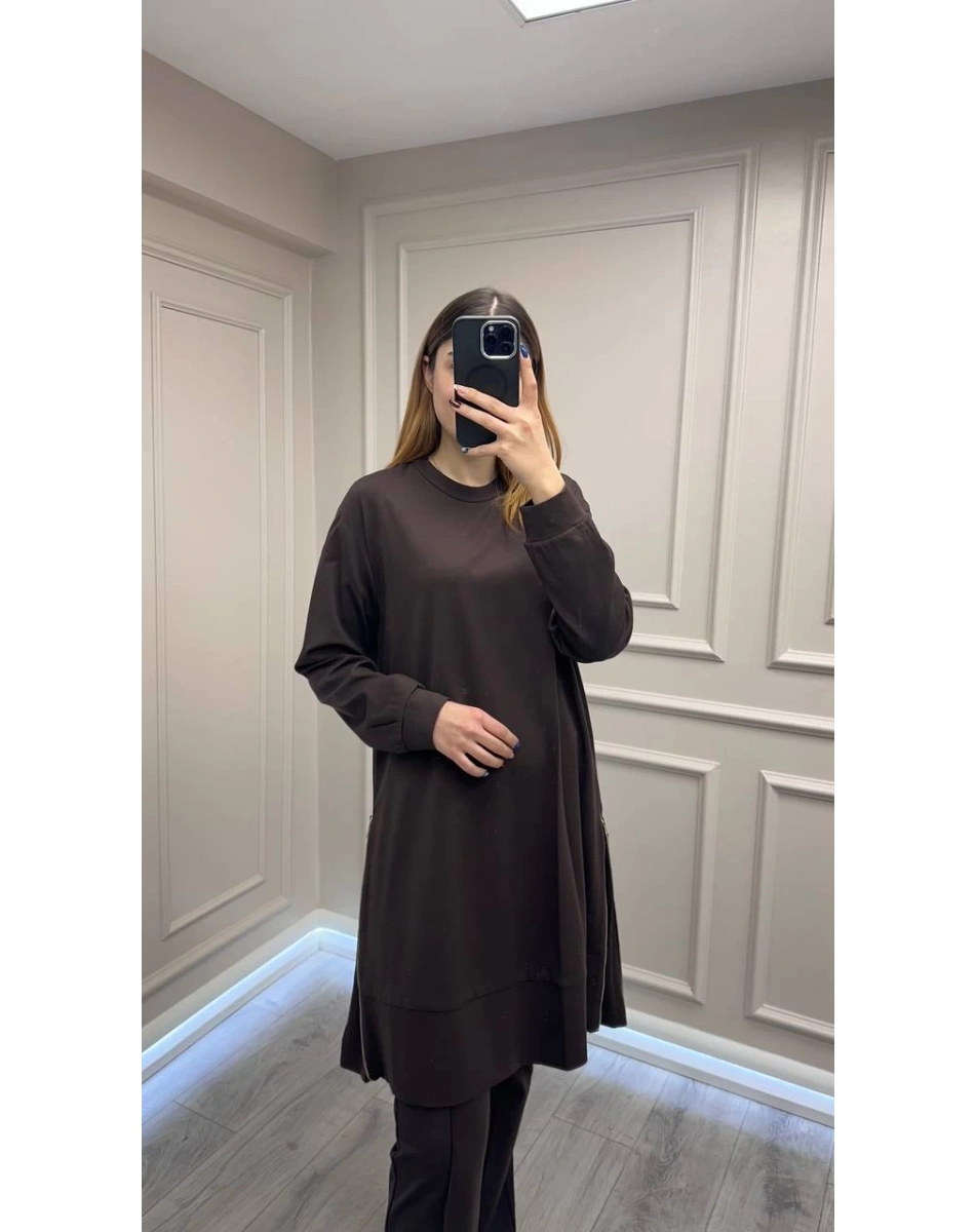 Misswhence 38020 Kahve Yanları Fermuar Detaylı Tunik