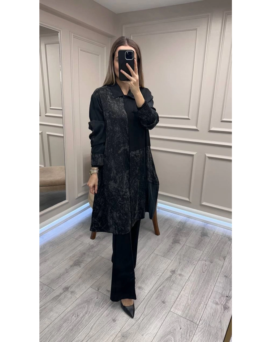 Misswhence 38303 Siyah Patchwork Cupro Tunik