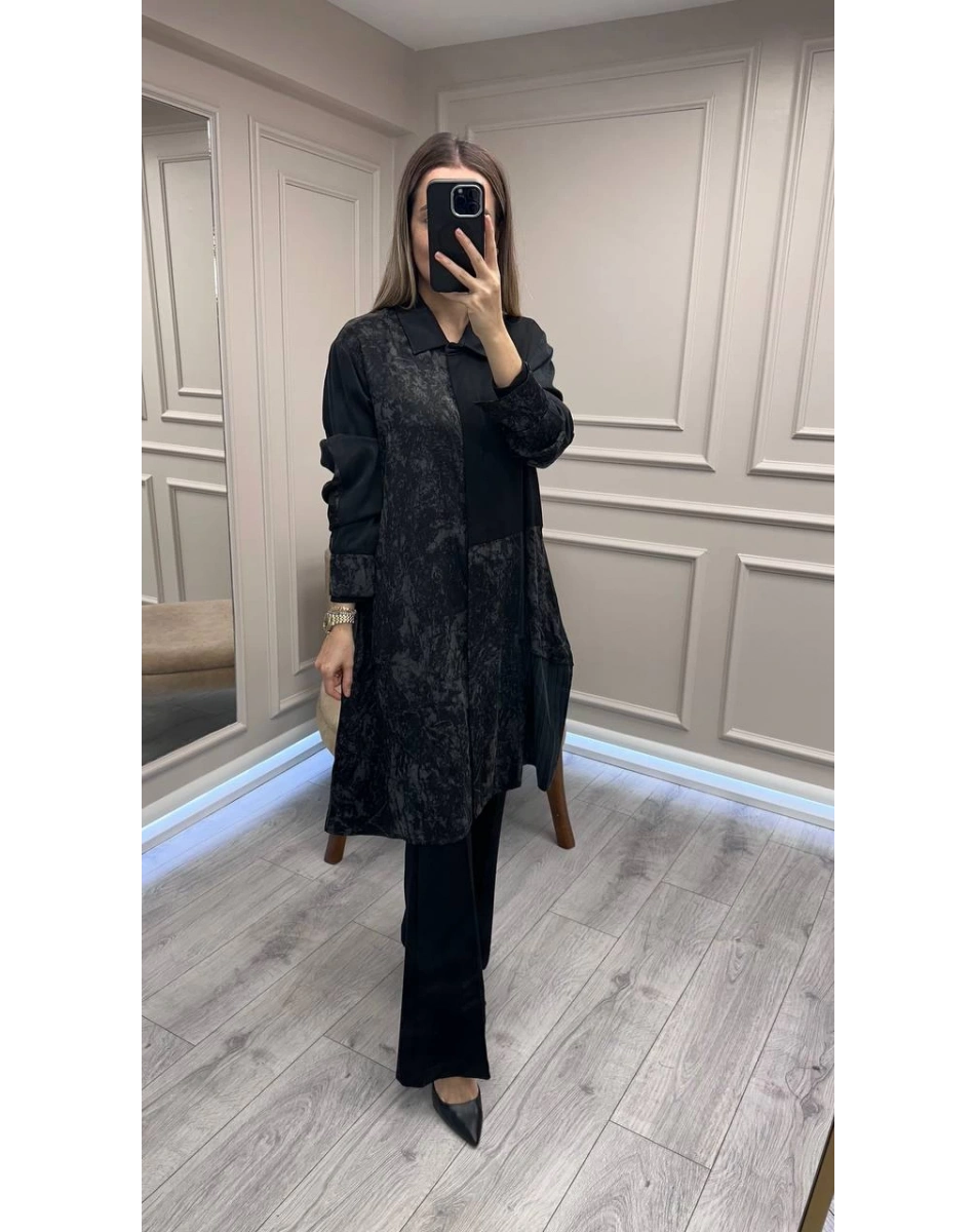 Misswhence 38303 Siyah Patchwork Cupro Tunik