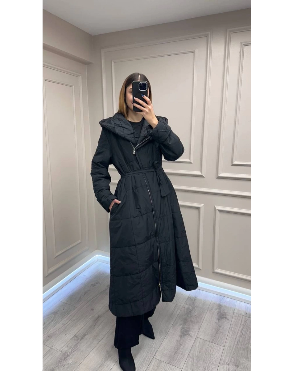 Misswhence 38513 Siyah İçi Pamuk Kumaş Kaban